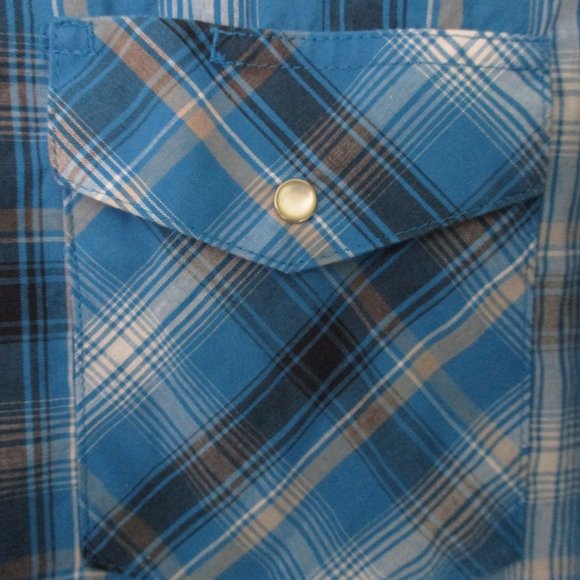 Wrangler Mens S/S Blue Plaid Pearl Snap Western Casual Shirt - Size Large - Picture 3 of 4